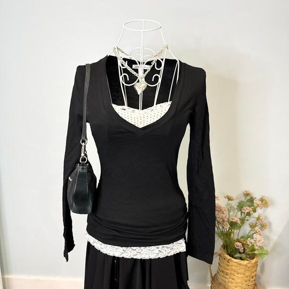 NWT Cute vintage y2k black tight long sleeve Henley grunge v neck top - Picture 4 of 7